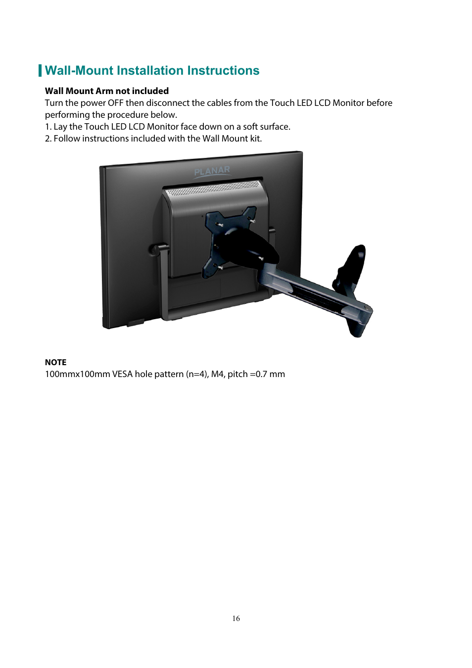 Wall-mount installation instructions | Planar Systems PCT2235 22" 16:9 Multi-Touch LCD Monitor User Manual | Page 18 / 21