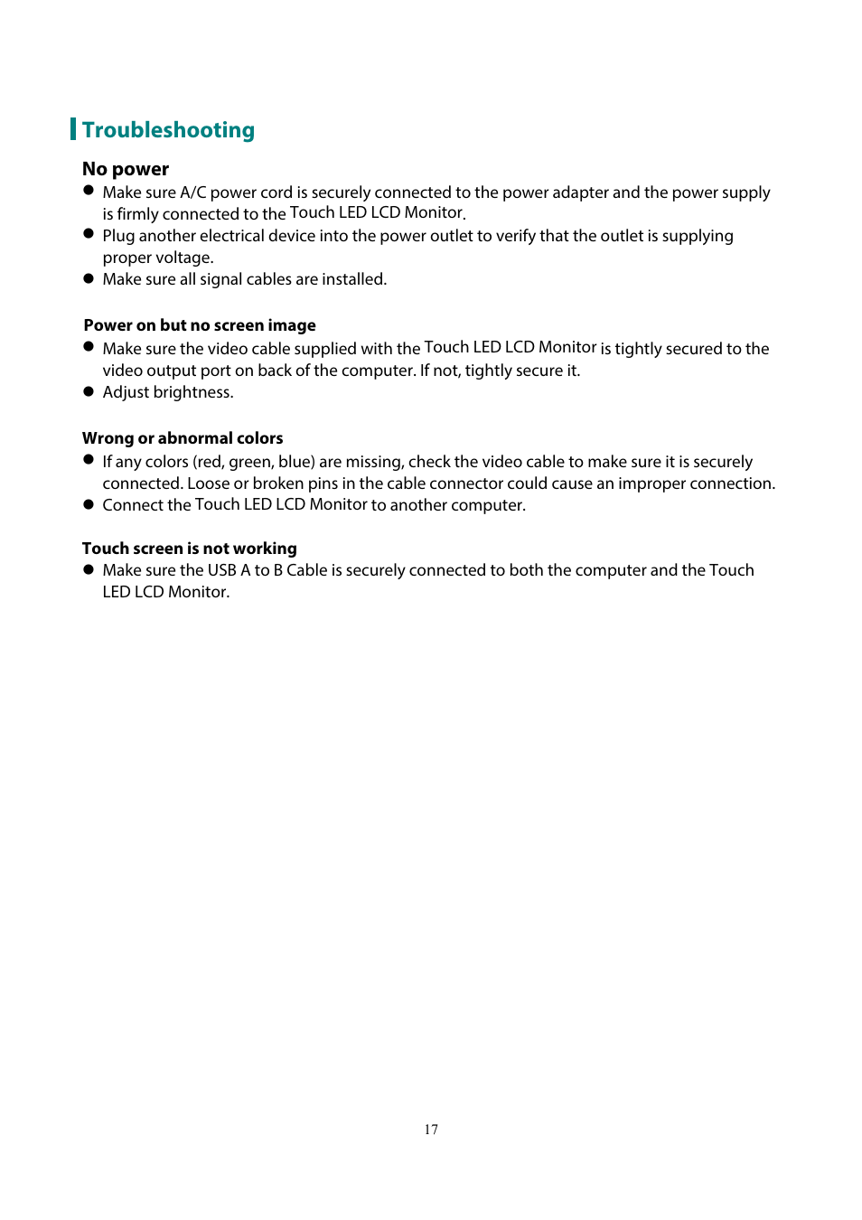 Troubleshooting, No power | Planar Systems PCT2235 22" 16:9 Multi-Touch LCD Monitor User Manual | Page 19 / 21