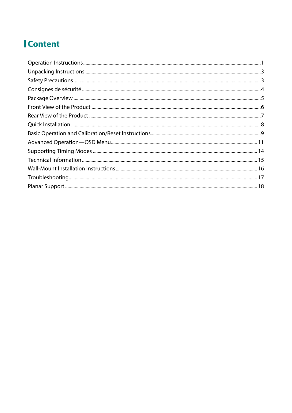 Content | Planar Systems PCT2235 22" 16:9 Multi-Touch LCD Monitor User Manual | Page 2 / 21