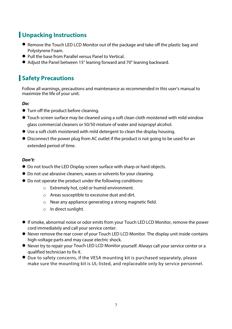 Unpacking instructions, Safety precautions | Planar Systems PCT2235 22" 16:9 Multi-Touch LCD Monitor User Manual | Page 5 / 21