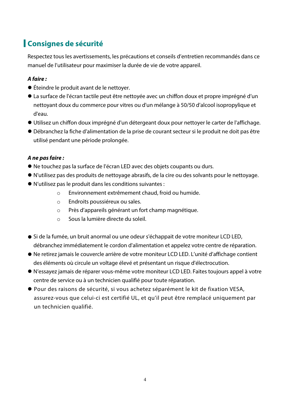 Consignes de sécurité | Planar Systems PCT2235 22" 16:9 Multi-Touch LCD Monitor User Manual | Page 6 / 21