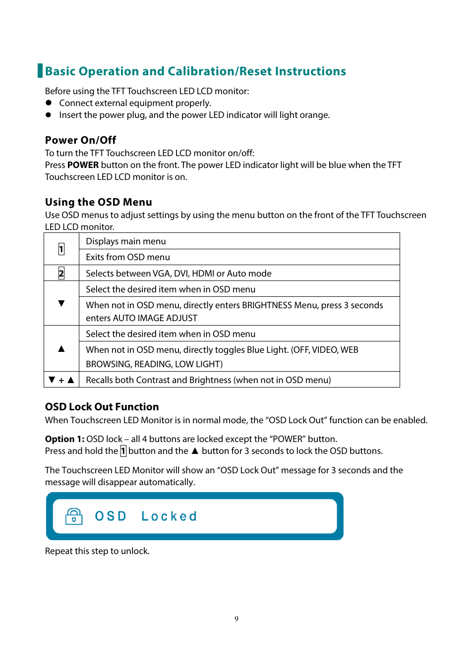 Basic operation and calibration/reset instructions | Planar Systems PXL2230MW 21.5" 16:9 Touchscreen LCD Monitor User Manual | Page 11 / 21