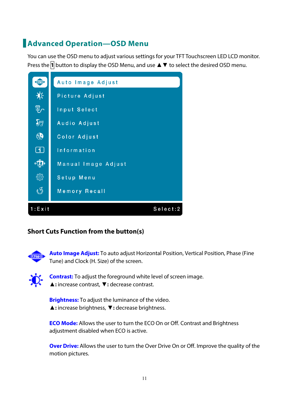 Advanced operation—osd menu | Planar Systems PXL2230MW 21.5" 16:9 Touchscreen LCD Monitor User Manual | Page 13 / 21