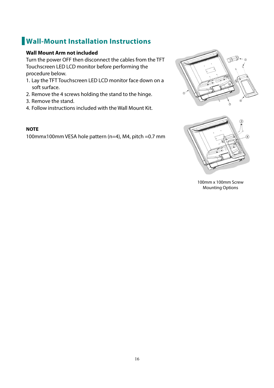 Wall-mount installation instructions | Planar Systems PXL2230MW 21.5" 16:9 Touchscreen LCD Monitor User Manual | Page 18 / 21
