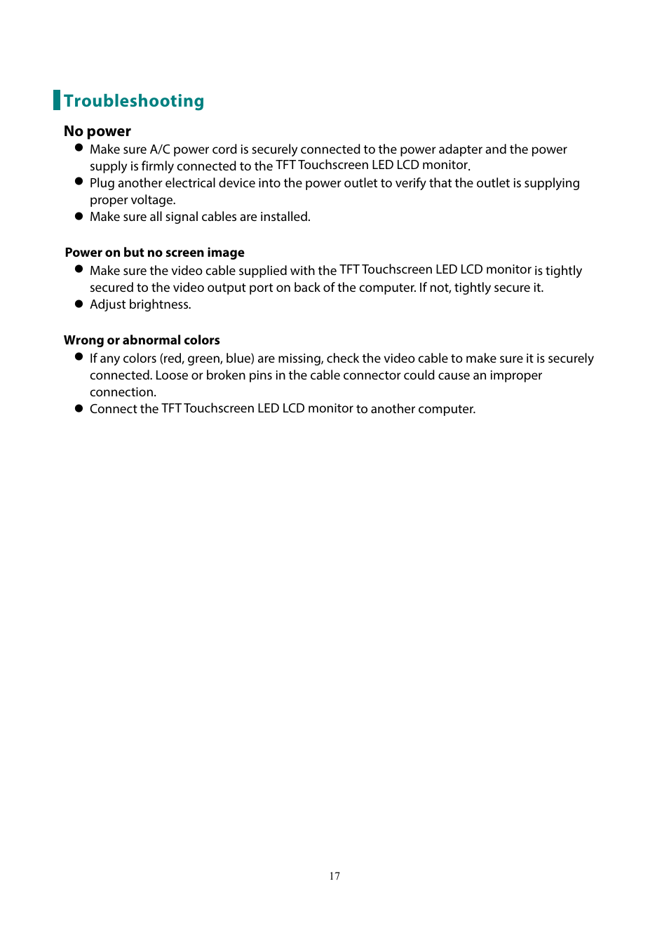 Troubleshooting | Planar Systems PXL2230MW 21.5" 16:9 Touchscreen LCD Monitor User Manual | Page 19 / 21