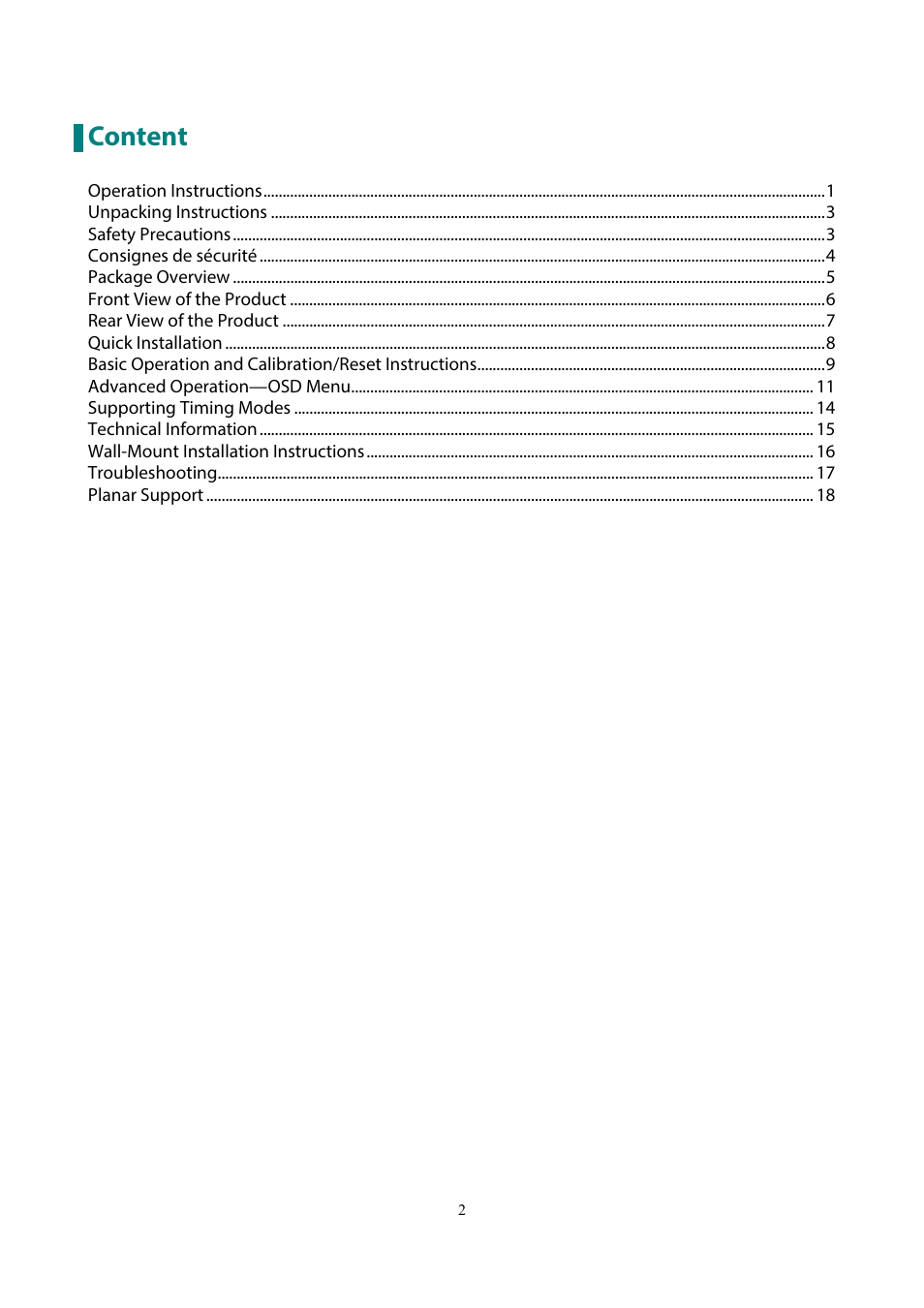 Content | Planar Systems PXL2230MW 21.5" 16:9 Touchscreen LCD Monitor User Manual | Page 2 / 21