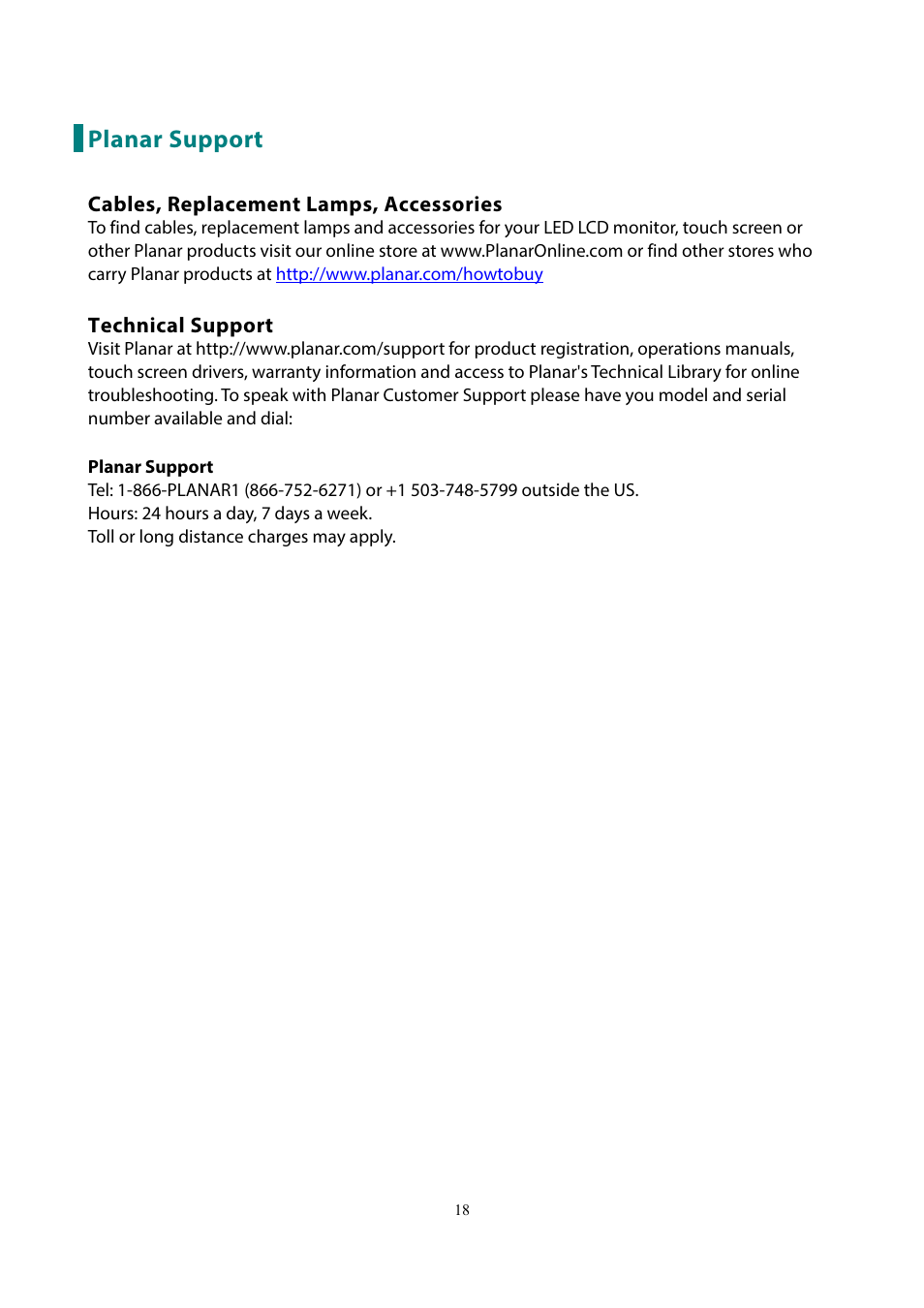 Planar support | Planar Systems PXL2230MW 21.5" 16:9 Touchscreen LCD Monitor User Manual | Page 20 / 21