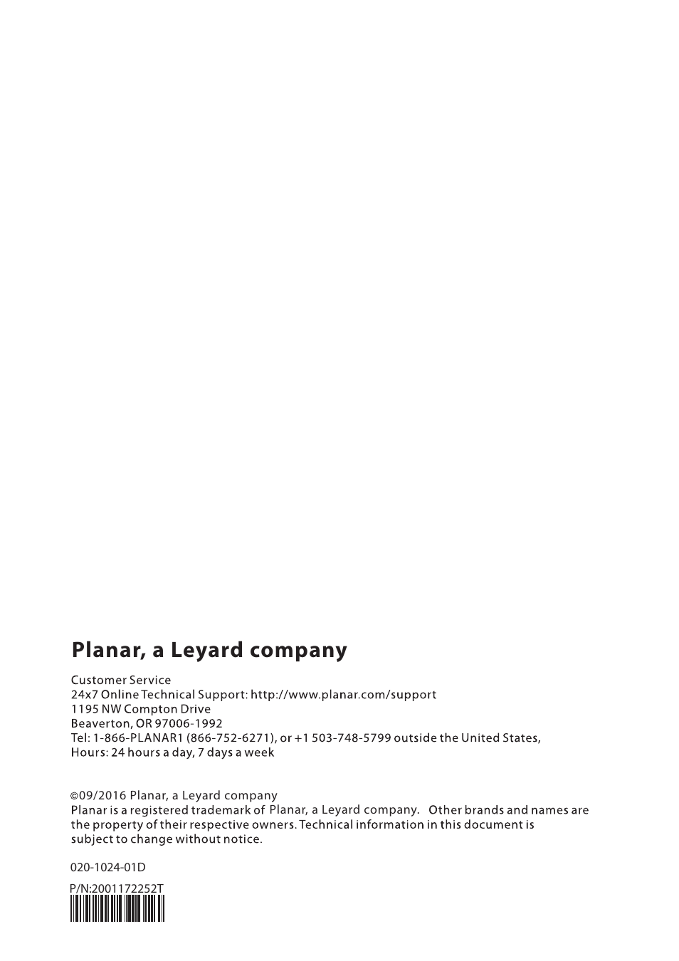 Planar, a leyard company | Planar Systems PXL2230MW 21.5" 16:9 Touchscreen LCD Monitor User Manual | Page 21 / 21