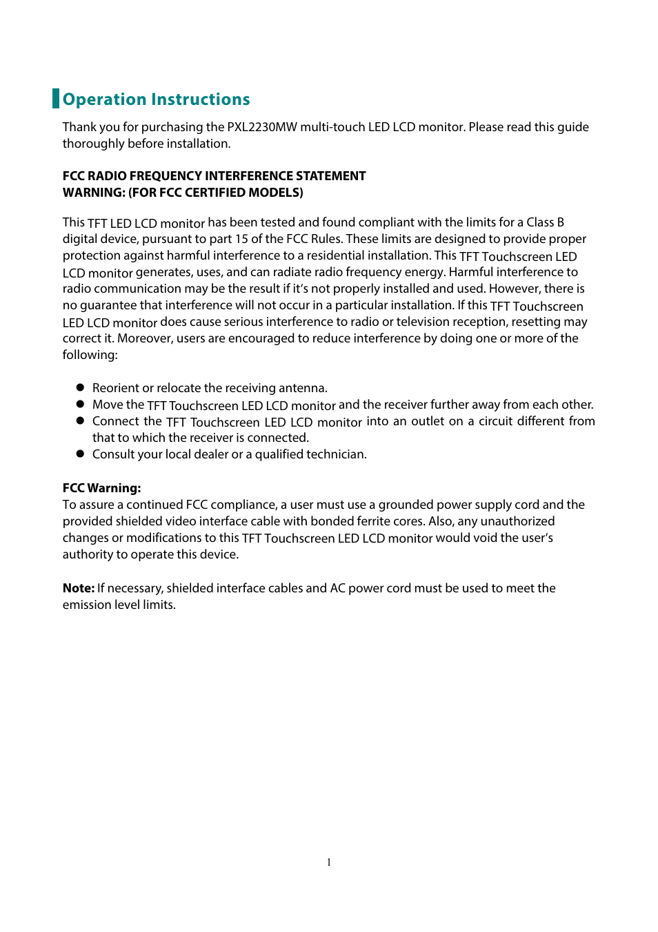 Operation instructions | Planar Systems PXL2230MW 21.5" 16:9 Touchscreen LCD Monitor User Manual | Page 3 / 21