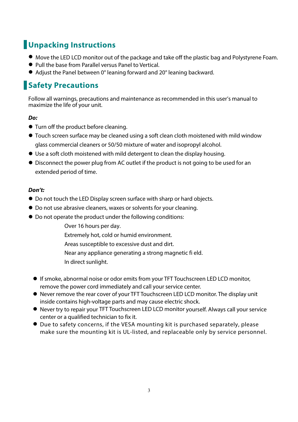 Unpacking instructions, Safety precautions | Planar Systems PXL2230MW 21.5" 16:9 Touchscreen LCD Monitor User Manual | Page 5 / 21
