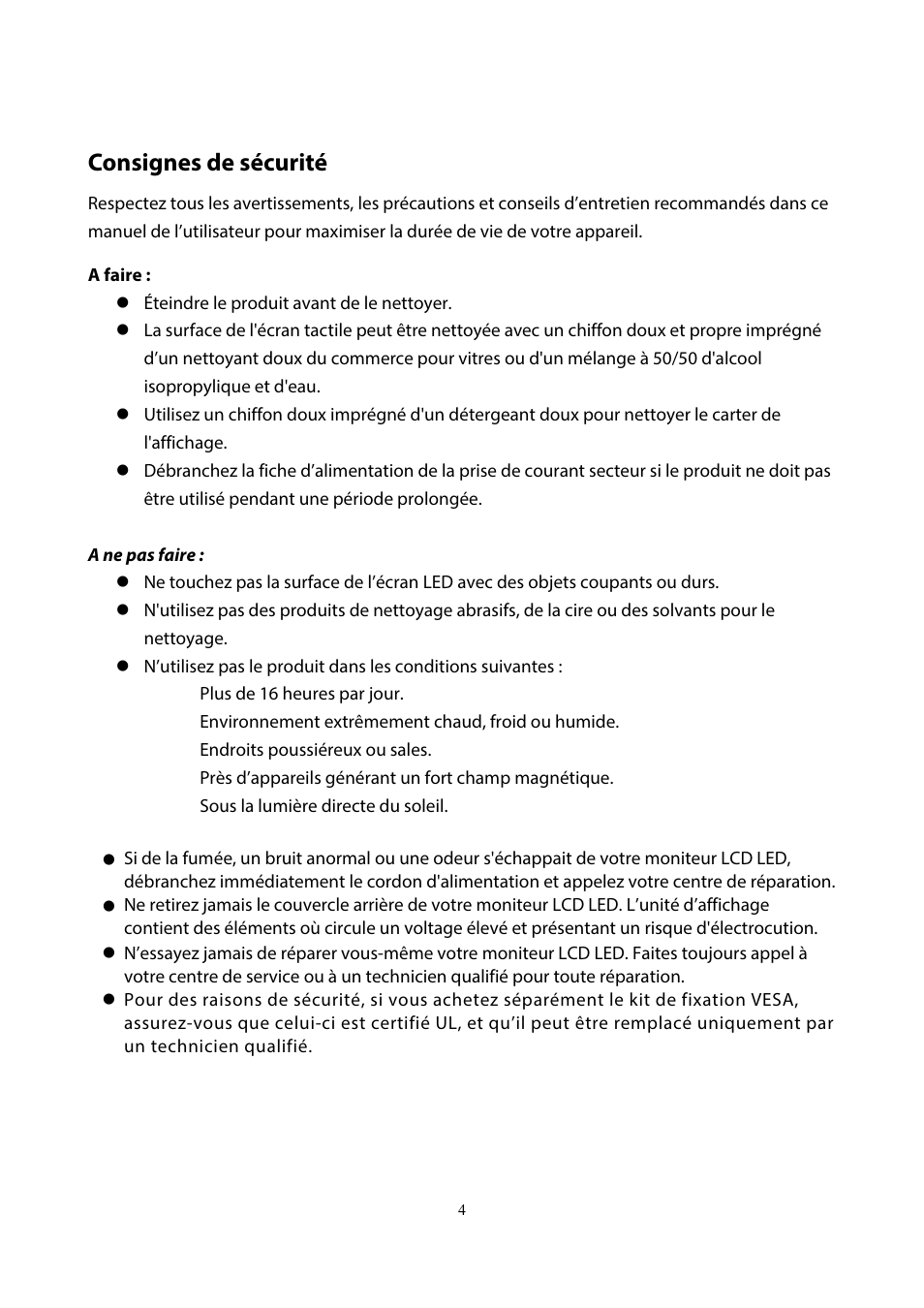 Consignes de sécurité | Planar Systems PXL2230MW 21.5" 16:9 Touchscreen LCD Monitor User Manual | Page 6 / 21