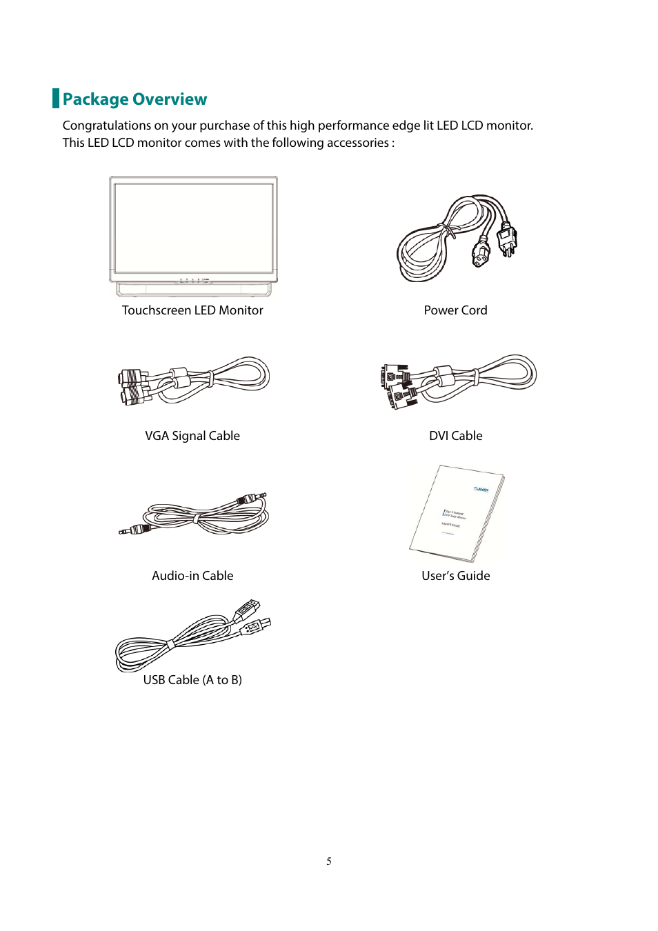 Package overview | Planar Systems PXL2230MW 21.5" 16:9 Touchscreen LCD Monitor User Manual | Page 7 / 21