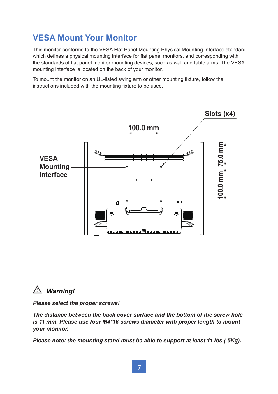 Vesa mount your monitor, 0 mm, 0 mm 75.0 mm | Planar Systems PT1545R 15" 4:3 Resistive Touch Point of Sale LCD Monitor User Manual | Page 12 / 33