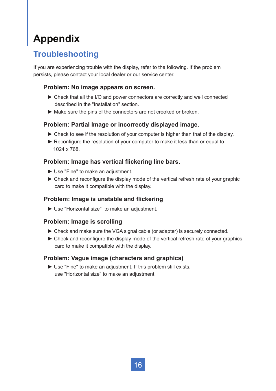 Appendix, Troubleshooting | Planar Systems PT1545R 15" 4:3 Resistive Touch Point of Sale LCD Monitor User Manual | Page 21 / 33