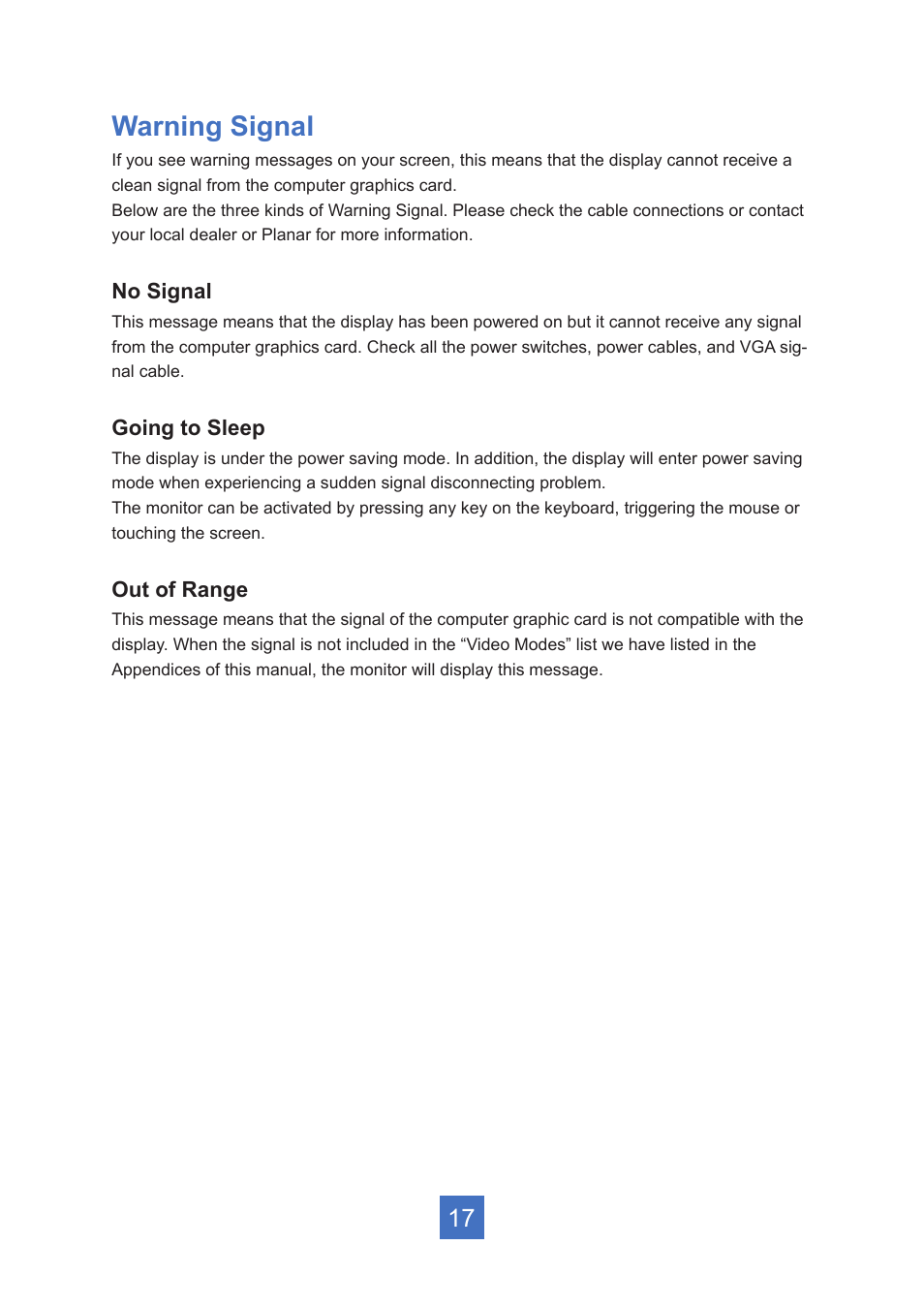 Warning signal | Planar Systems PT1545R 15" 4:3 Resistive Touch Point of Sale LCD Monitor User Manual | Page 22 / 33