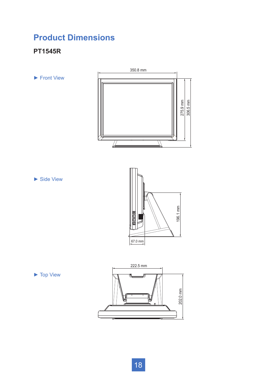 Product dimensions, Pt1545r | Planar Systems PT1545R 15" 4:3 Resistive Touch Point of Sale LCD Monitor User Manual | Page 23 / 33