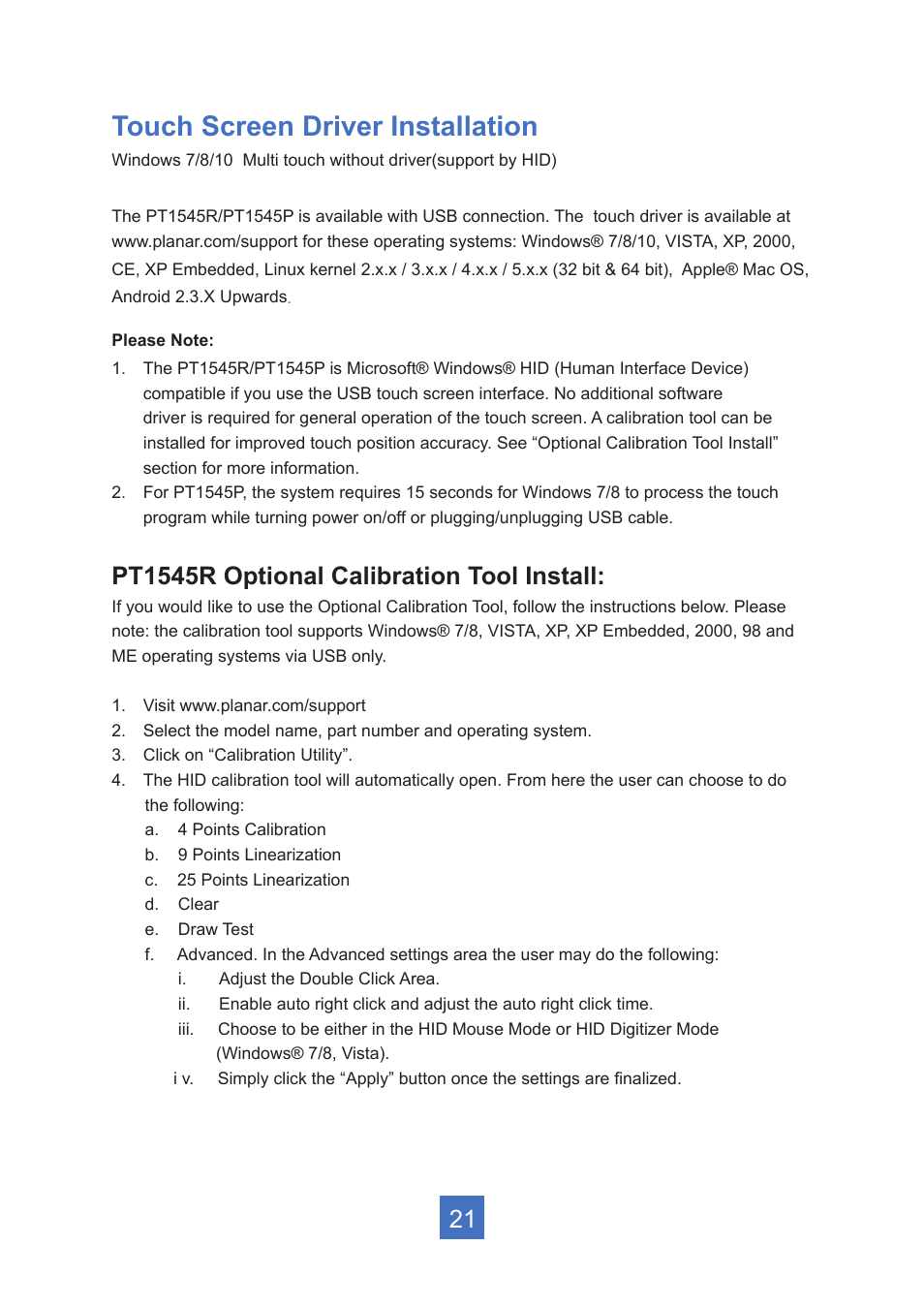 Touch screen driver installation, Pt1545r optional calibration tool install | Planar Systems PT1545R 15" 4:3 Resistive Touch Point of Sale LCD Monitor User Manual | Page 26 / 33