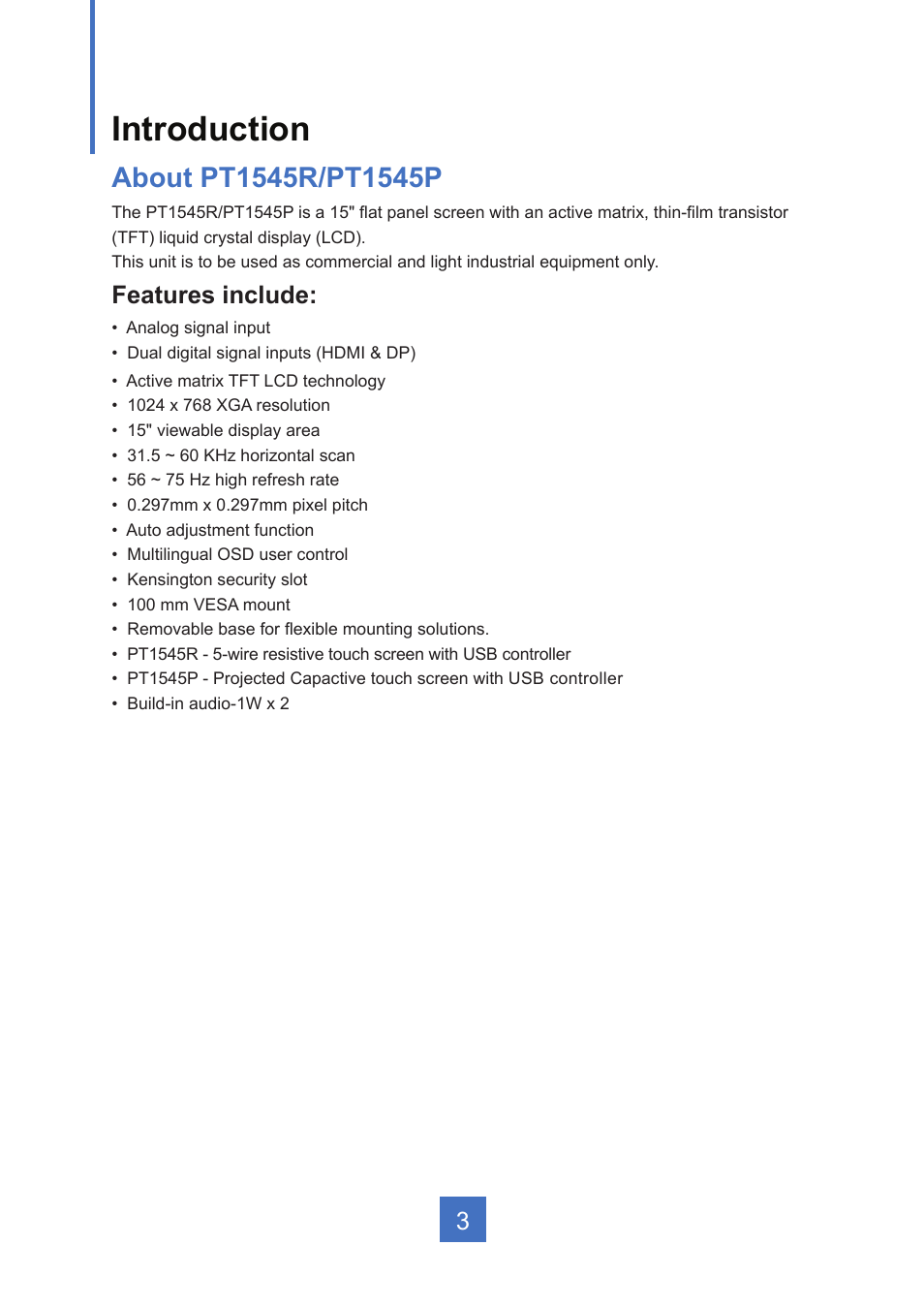 Introduction | Planar Systems PT1545R 15" 4:3 Resistive Touch Point of Sale LCD Monitor User Manual | Page 8 / 33