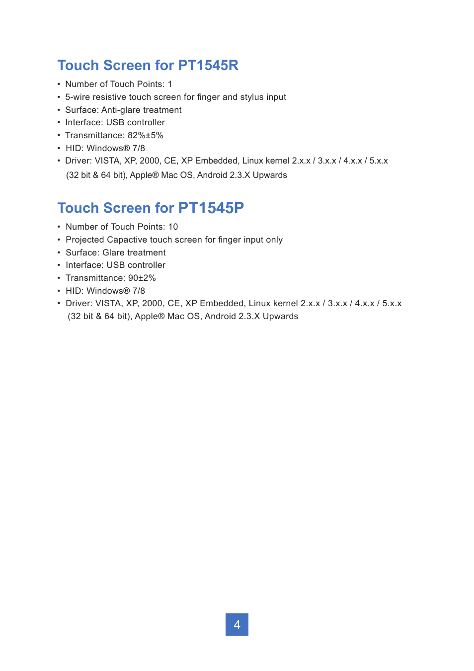 Pt1545p, Touch screen for pt1545r, Touch screen for | Planar Systems PT1545R 15" 4:3 Resistive Touch Point of Sale LCD Monitor User Manual | Page 9 / 33