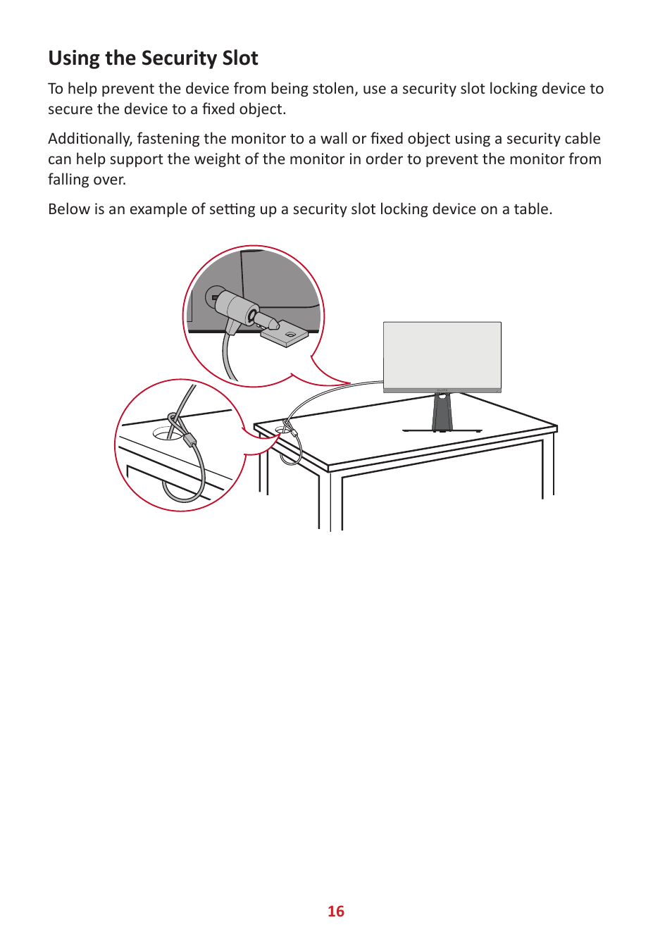 Using the security slot | VIEWSONIC XG320U 32" 16:9 144 Hz FreeSync IPS Gaming Monitor User Manual | Page 16 / 83