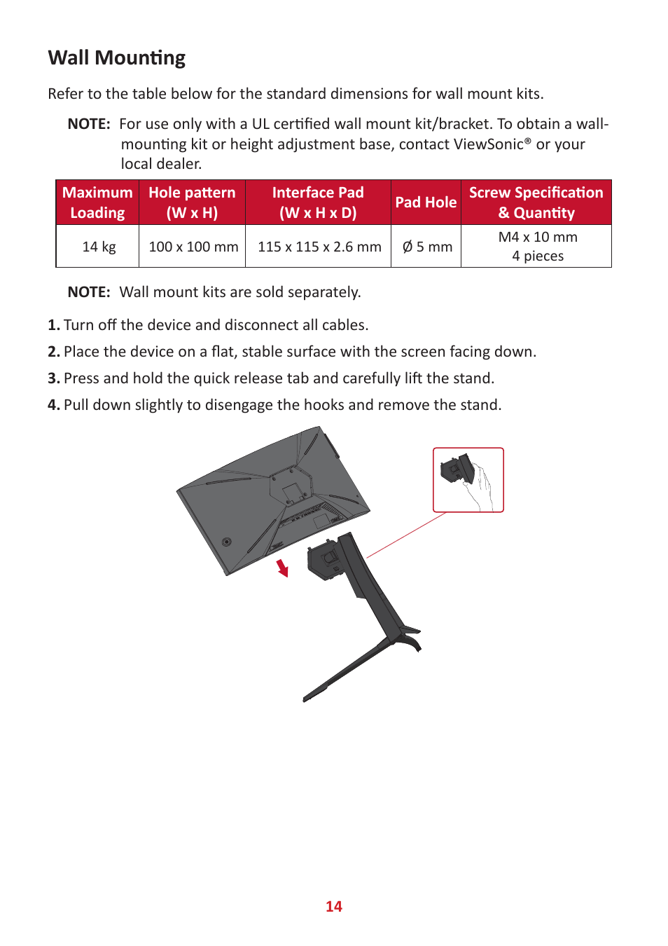 Wall mounting | VIEWSONIC Elite XG341C-2K 34" 1440p HDR 200 Hz Curved Ultrawide Gaming Monitor User Manual | Page 14 / 85