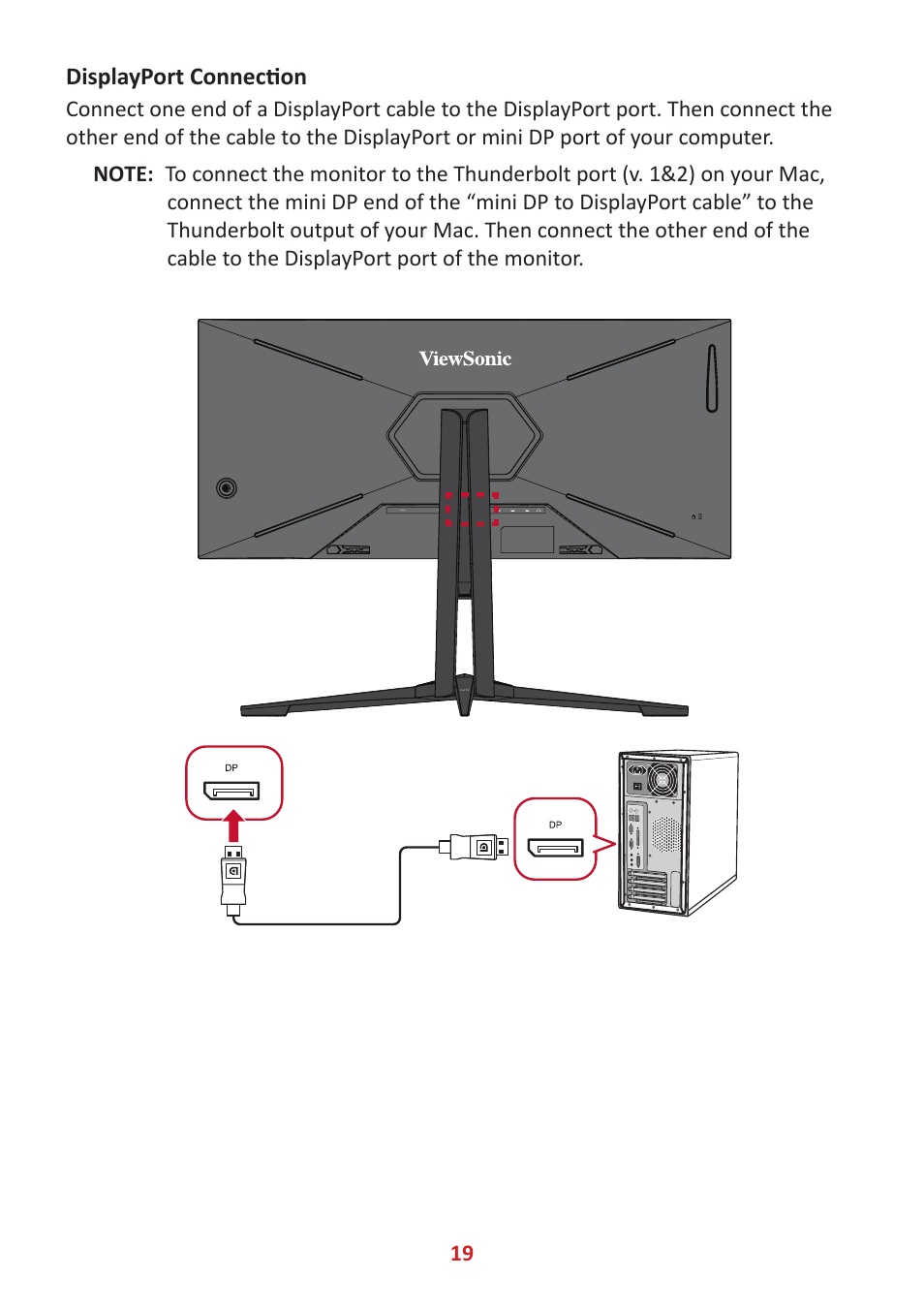 Displayport connection | VIEWSONIC Elite XG341C-2K 34" 1440p HDR 200 Hz Curved Ultrawide Gaming Monitor User Manual | Page 19 / 85
