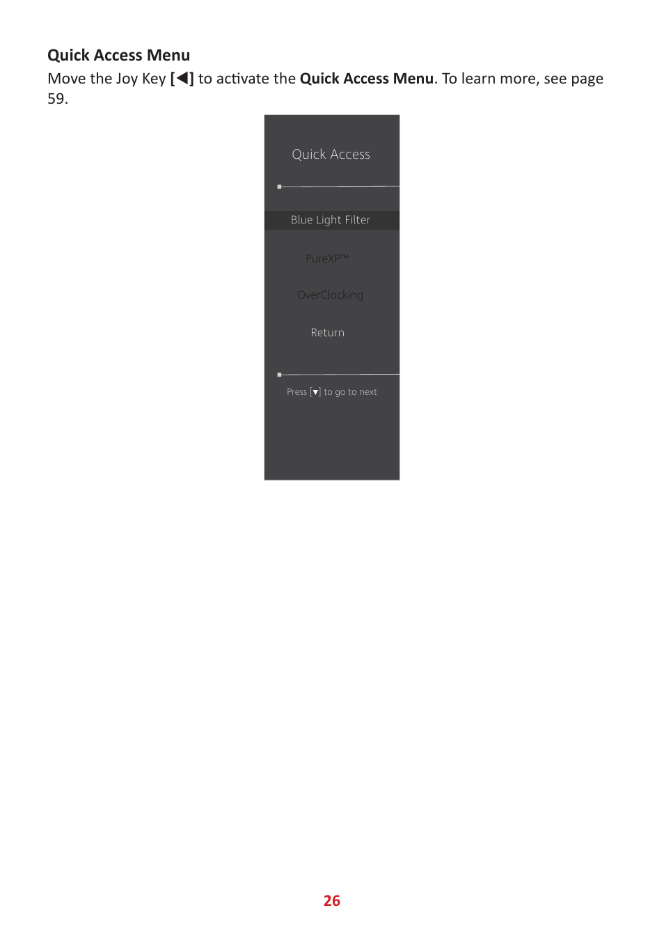 Quick access menu | VIEWSONIC Elite XG341C-2K 34" 1440p HDR 200 Hz Curved Ultrawide Gaming Monitor User Manual | Page 26 / 85