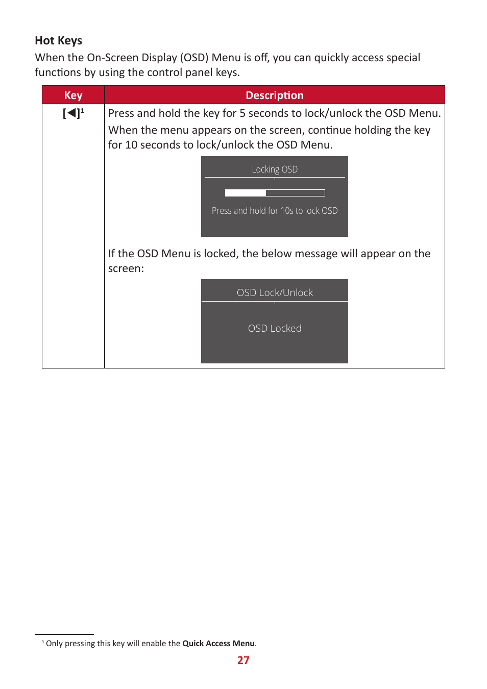 Hot keys | VIEWSONIC Elite XG341C-2K 34" 1440p HDR 200 Hz Curved Ultrawide Gaming Monitor User Manual | Page 27 / 85