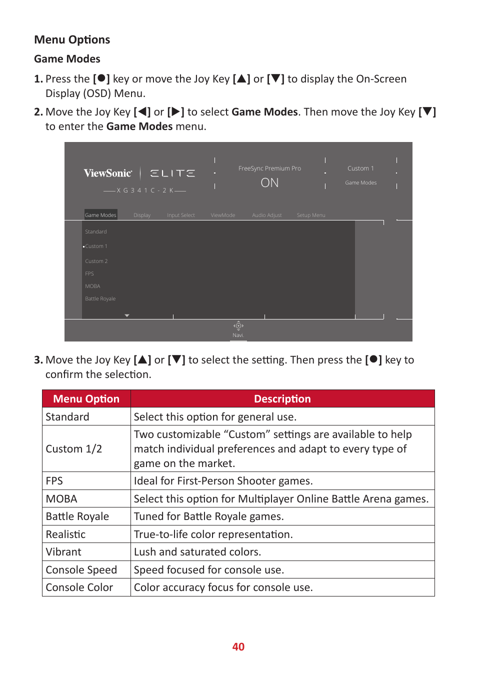 Menu options | VIEWSONIC Elite XG341C-2K 34" 1440p HDR 200 Hz Curved Ultrawide Gaming Monitor User Manual | Page 40 / 85