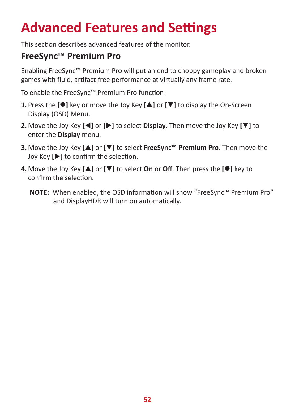 Advanced features and settings, Freesync™ premium pro | VIEWSONIC Elite XG341C-2K 34" 1440p HDR 200 Hz Curved Ultrawide Gaming Monitor User Manual | Page 52 / 85
