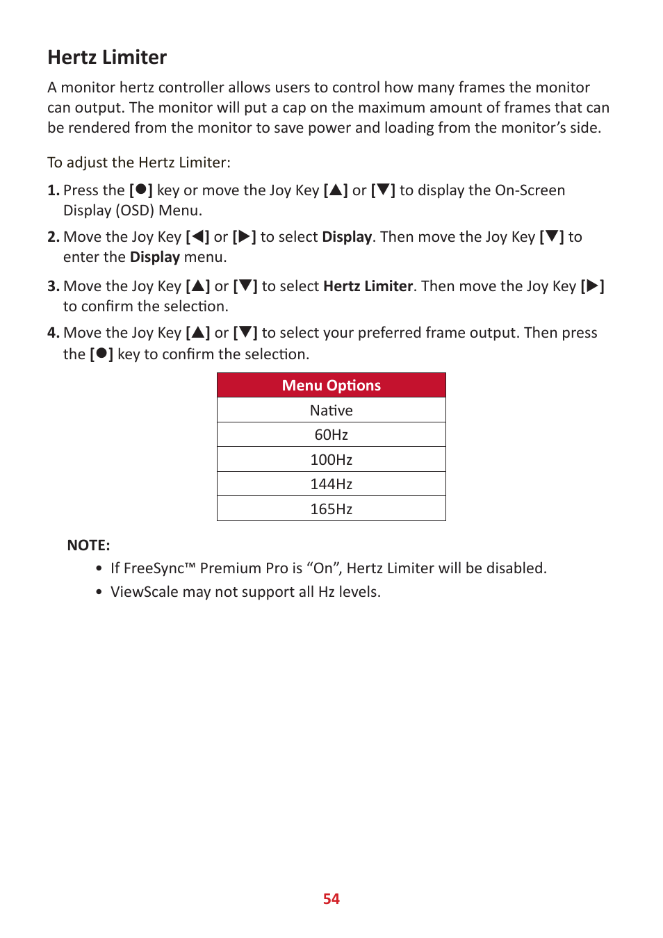 Hertz limiter | VIEWSONIC Elite XG341C-2K 34" 1440p HDR 200 Hz Curved Ultrawide Gaming Monitor User Manual | Page 54 / 85