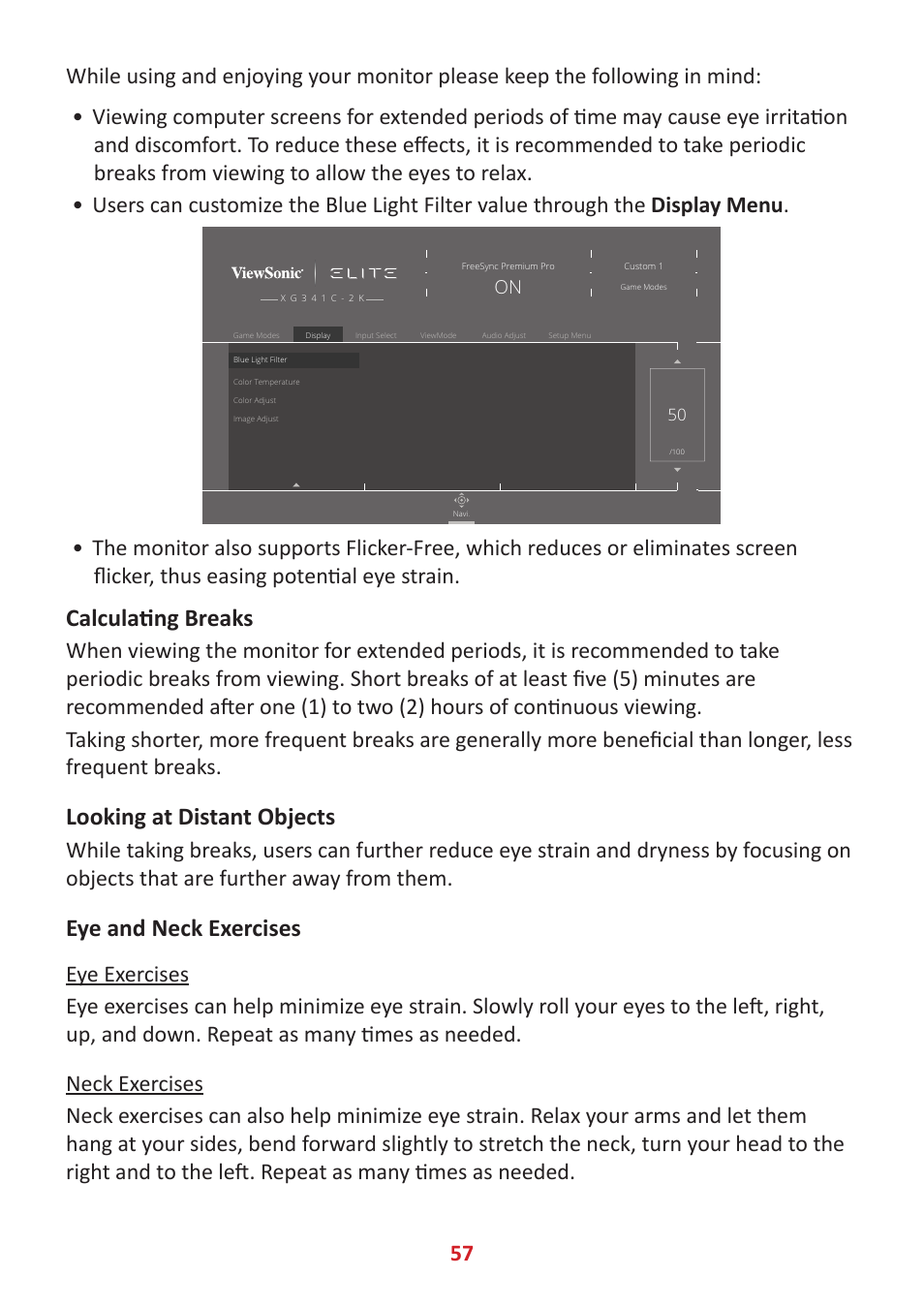 Calculating breaks, Looking at distant objects, Eye and neck exercises | VIEWSONIC Elite XG341C-2K 34" 1440p HDR 200 Hz Curved Ultrawide Gaming Monitor User Manual | Page 57 / 85