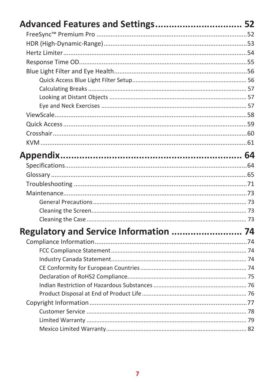 Advanced features and settings, Appendix, Regulatory and service information | VIEWSONIC Elite XG341C-2K 34" 1440p HDR 200 Hz Curved Ultrawide Gaming Monitor User Manual | Page 7 / 85