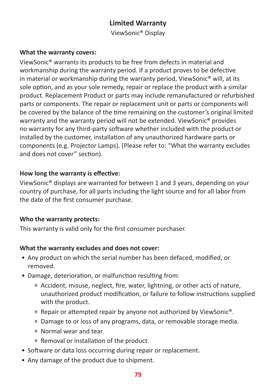 Limited warranty | VIEWSONIC Elite XG341C-2K 34" 1440p HDR 200 Hz Curved Ultrawide Gaming Monitor User Manual | Page 79 / 85