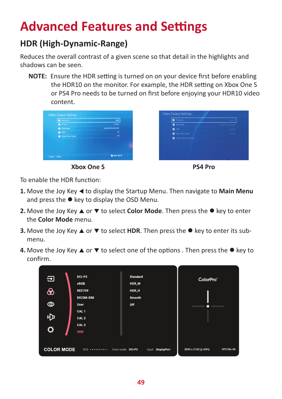 Advanced features and settings, Hdr (high-dynamic-range) | VIEWSONIC ColorPro 27" 4K HDR Monitor User Manual | Page 49 / 82