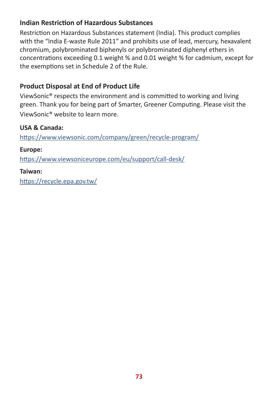Indian restriction of hazardous substances, Product disposal at end of product life | VIEWSONIC ColorPro 27" 4K HDR Monitor User Manual | Page 73 / 82
