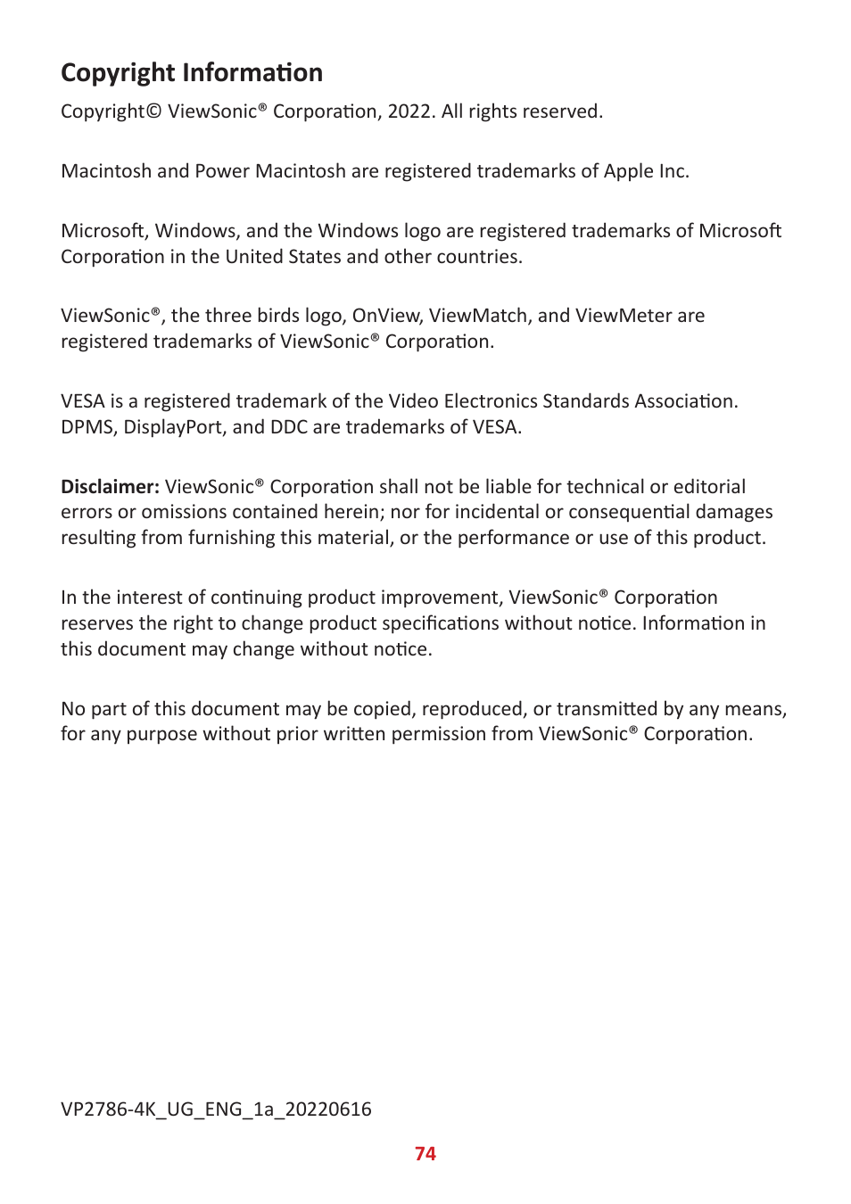 Copyright information | VIEWSONIC ColorPro 27" 4K HDR Monitor User Manual | Page 74 / 82