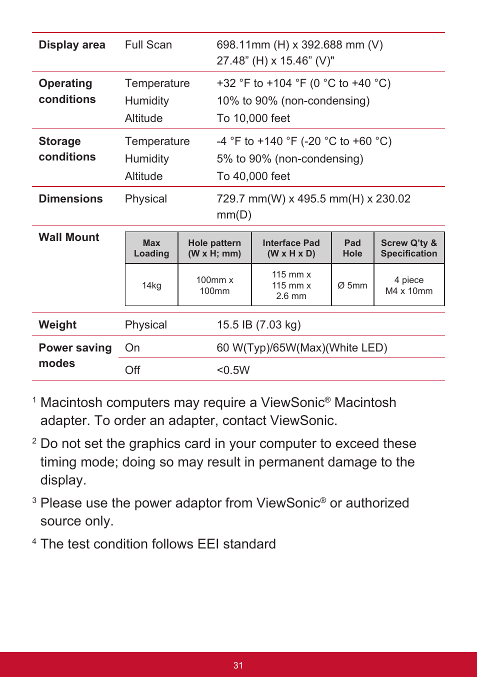 Macintosh computers may require a viewsonic, Please use the power adaptor from viewsonic, Or authorized source only | The test condition follows eei standard | VIEWSONIC VX3211-2K-mhd 32" 16:9 IPS Monitor User Manual | Page 35 / 59