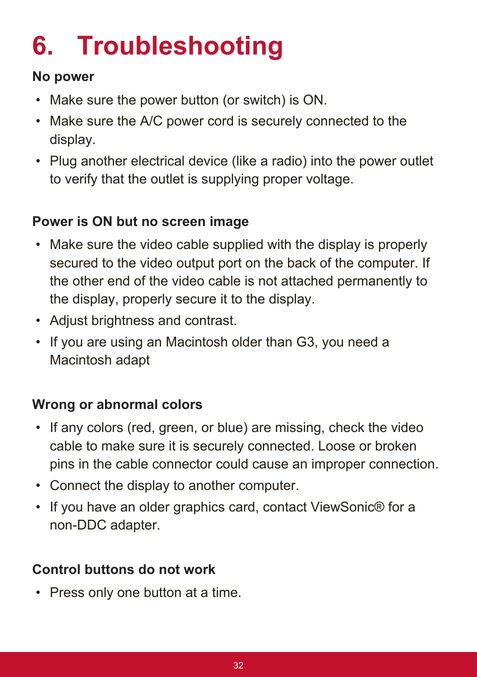 Troubleshooting | VIEWSONIC VX3211-2K-mhd 32" 16:9 IPS Monitor User Manual | Page 36 / 59