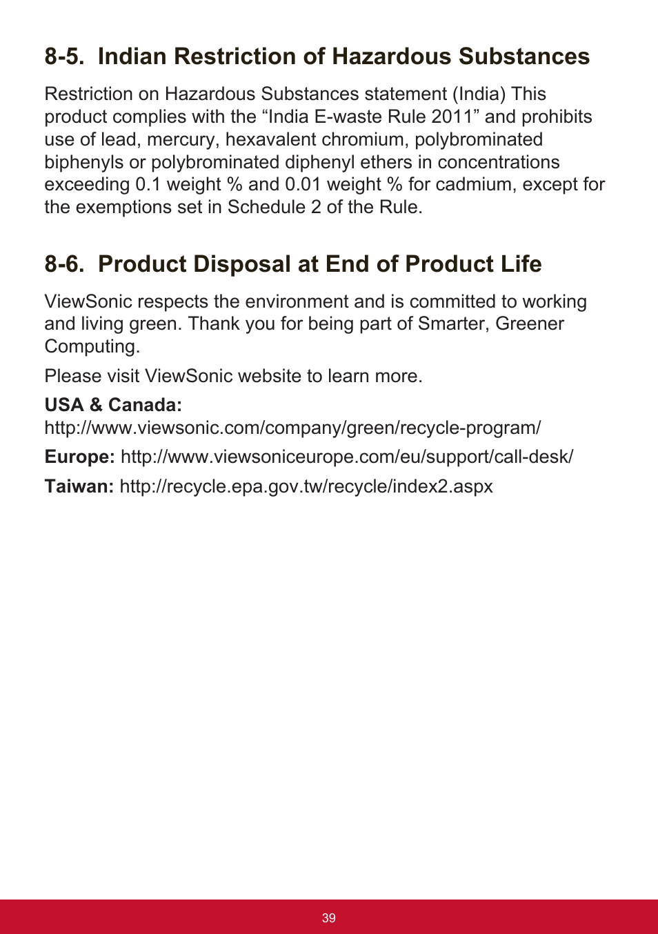 5. indian restriction of hazardous substances, 6. product disposal at end of product life | VIEWSONIC VX3211-2K-mhd 32" 16:9 IPS Monitor User Manual | Page 43 / 59