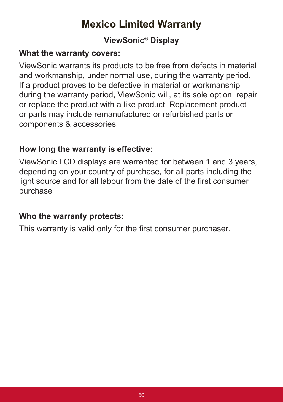 Mexico limited warranty | VIEWSONIC VX3211-2K-mhd 32" 16:9 IPS Monitor User Manual | Page 54 / 59