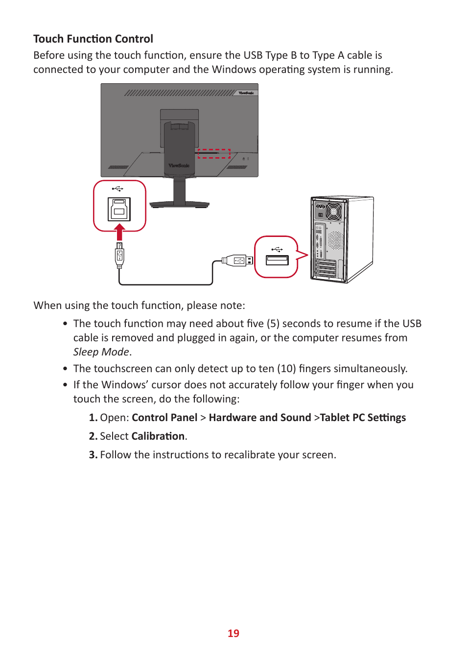 Touch function control | VIEWSONIC TD2455 23.8" 16:9 Multi-Touch IPS Monitor User Manual | Page 19 / 63