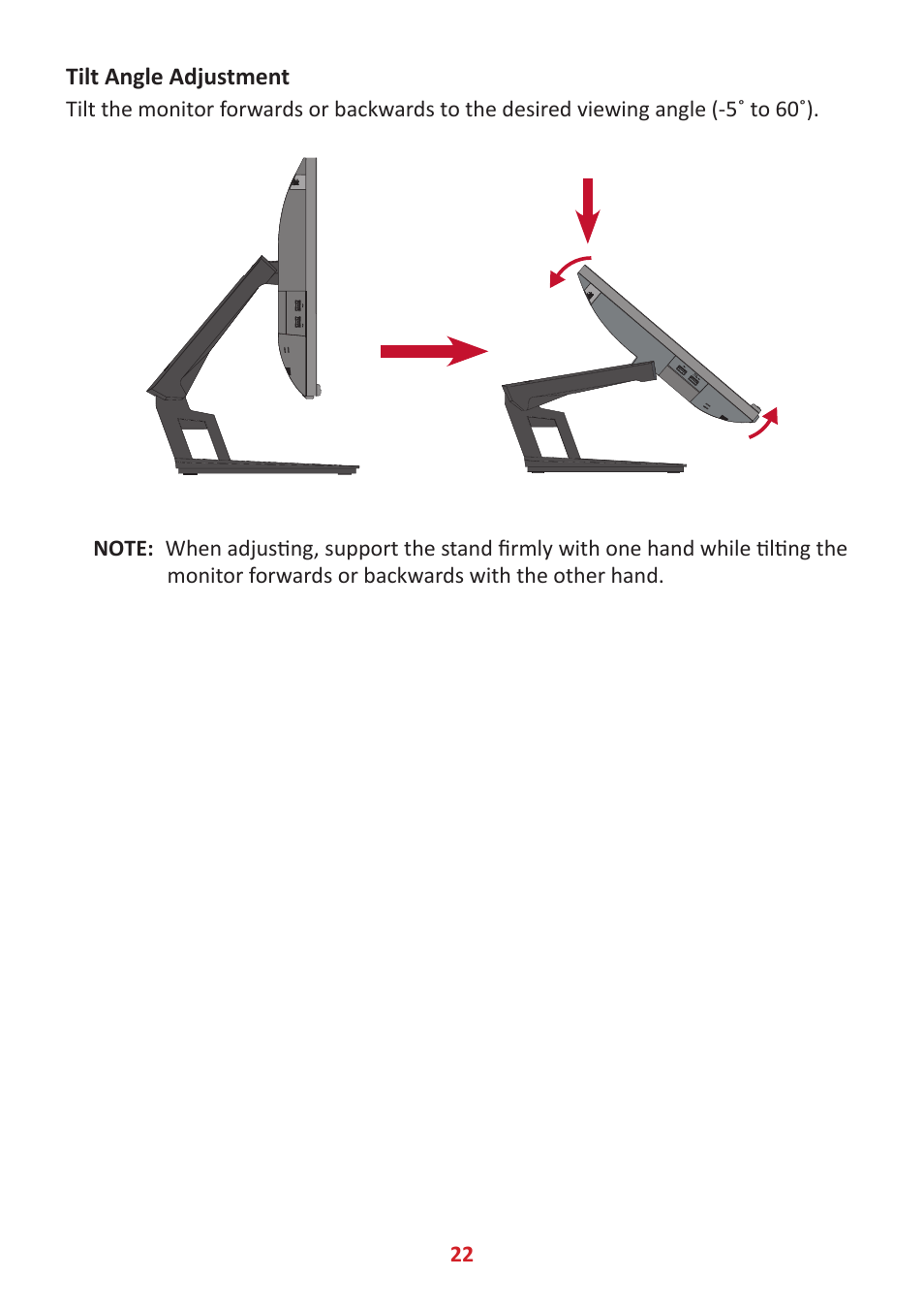 Tilt angle adjustment | VIEWSONIC TD2455 23.8" 16:9 Multi-Touch IPS Monitor User Manual | Page 22 / 63