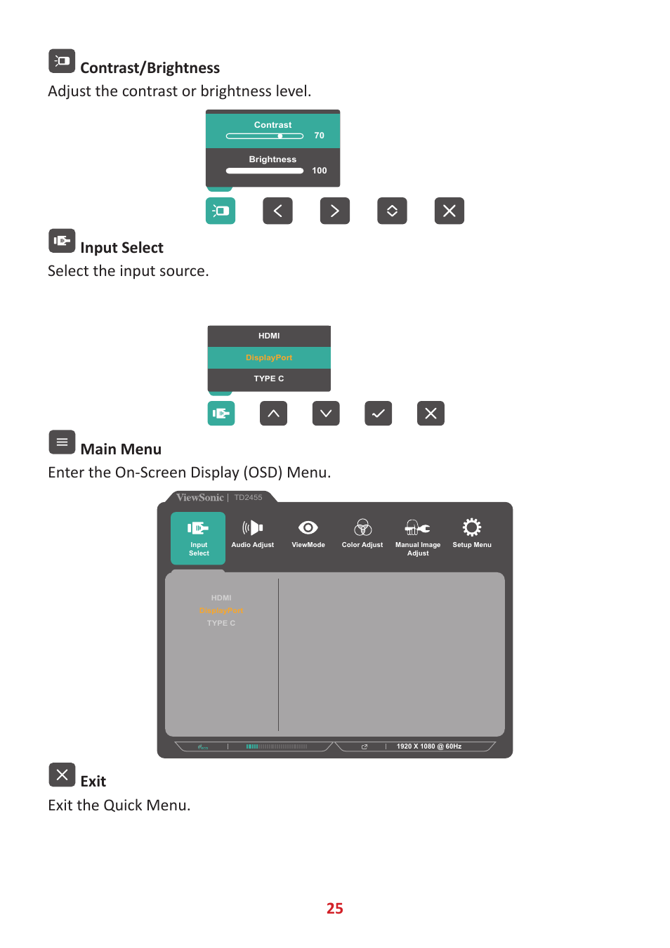 Input select select the input source, Main menu enter the on-screen display (osd) menu, Exit exit the quick menu | VIEWSONIC TD2455 23.8" 16:9 Multi-Touch IPS Monitor User Manual | Page 25 / 63