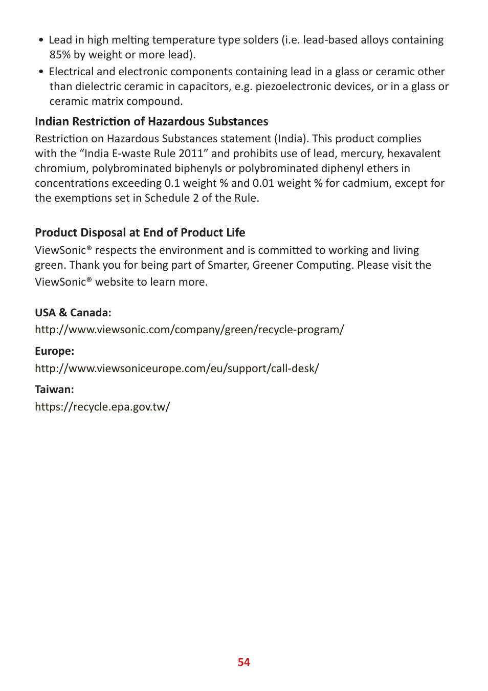 Indian restriction of hazardous substances, Product disposal at end of product life | VIEWSONIC TD2455 23.8" 16:9 Multi-Touch IPS Monitor User Manual | Page 54 / 63