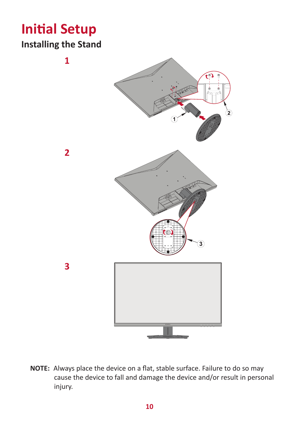 Initial setup, Installing the stand | VIEWSONIC VX2416 23.8" 100 Hz Gaming Monitor User Manual | Page 10 / 49