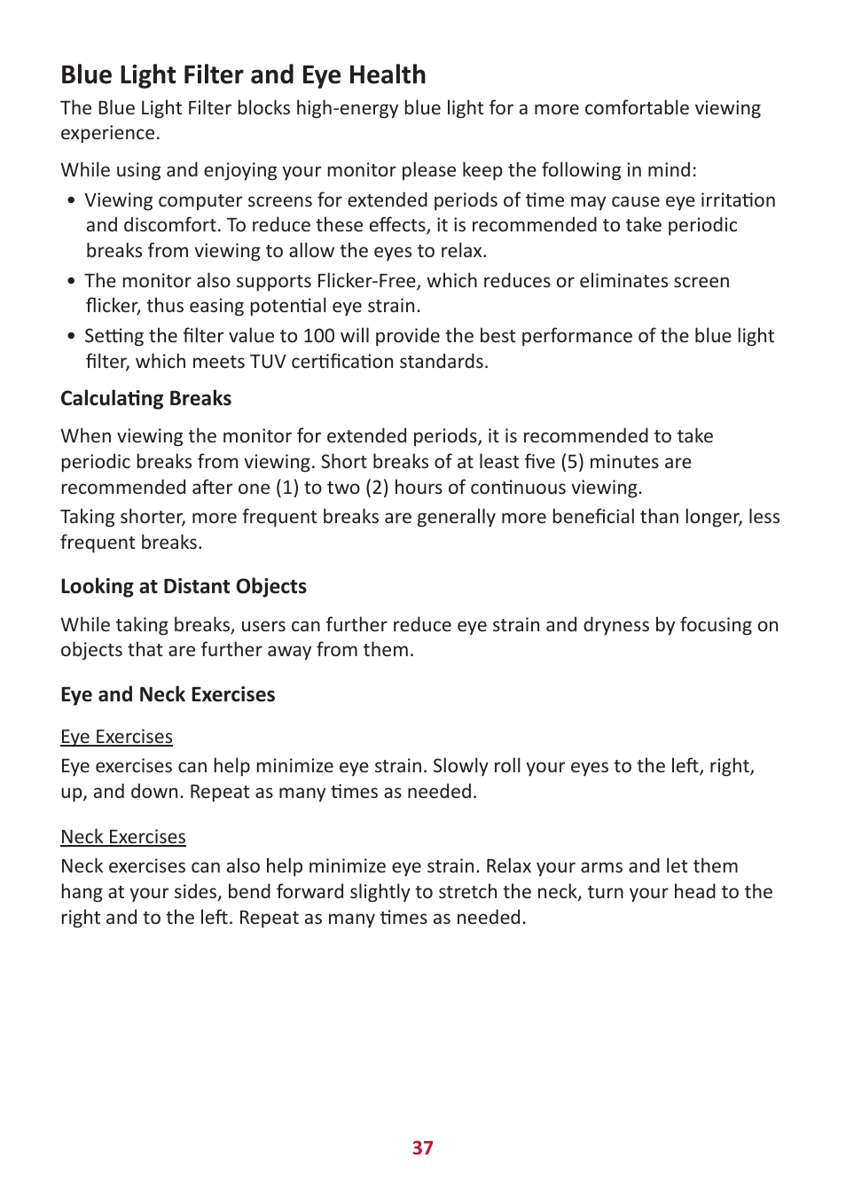 Blue light filter and eye health, Calculating breaks, Looking at distant objects | Eye and neck exercises | VIEWSONIC VX2416 23.8" 100 Hz Gaming Monitor User Manual | Page 37 / 49