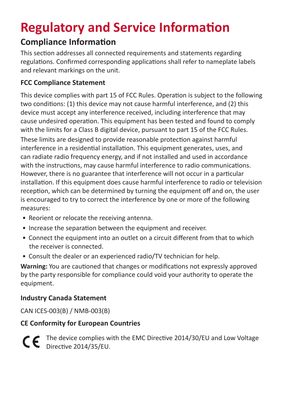 Regulatory and service information, Compliance information, Fcc compliance statement | Industry canada statement, Ce conformity for european countries | VIEWSONIC VX2416 23.8" 100 Hz Gaming Monitor User Manual | Page 38 / 49