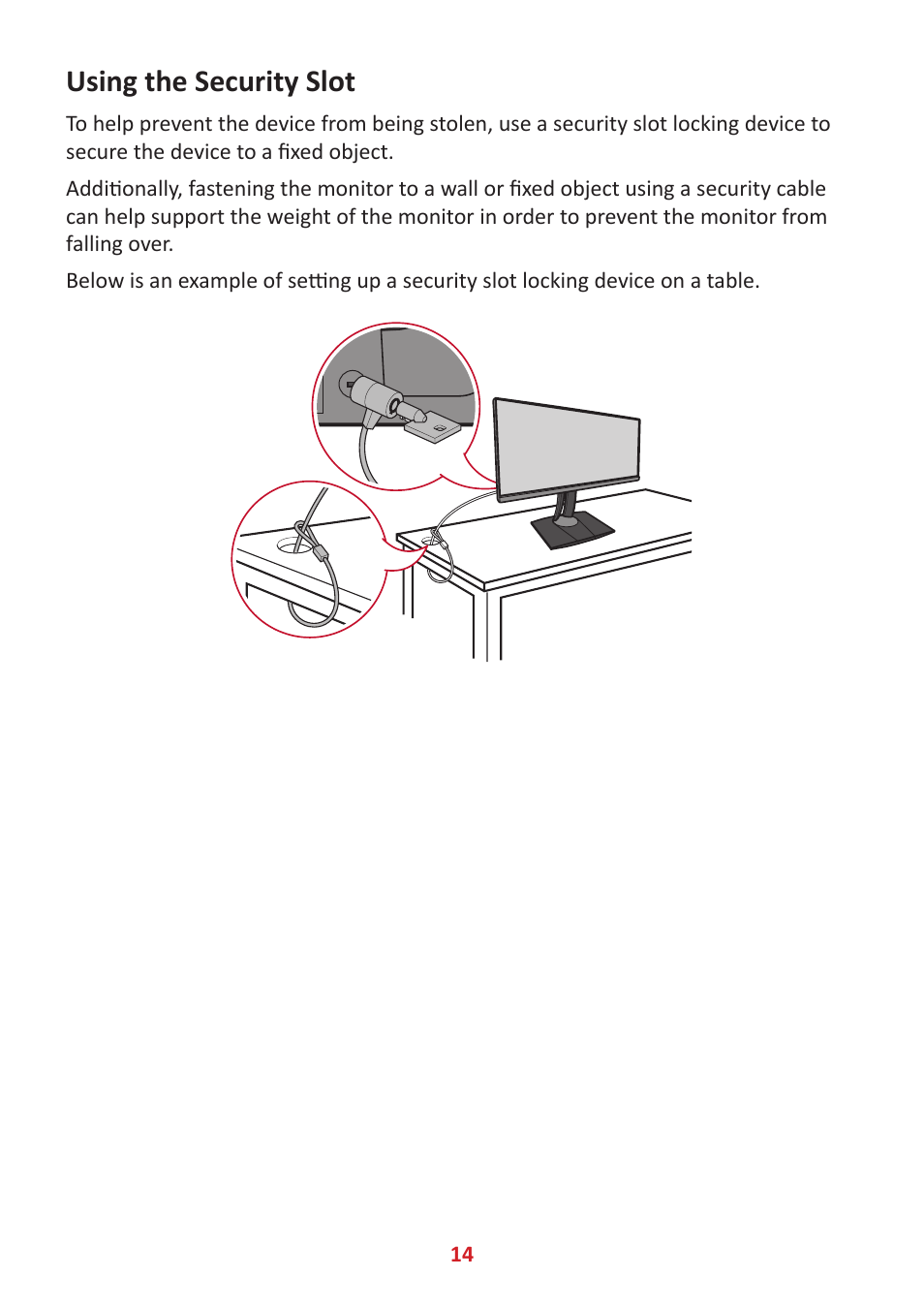 Using the security slot | VIEWSONIC VP3881a 37.5" 21:9 4K Curved IPS Monitor User Manual | Page 14 / 91