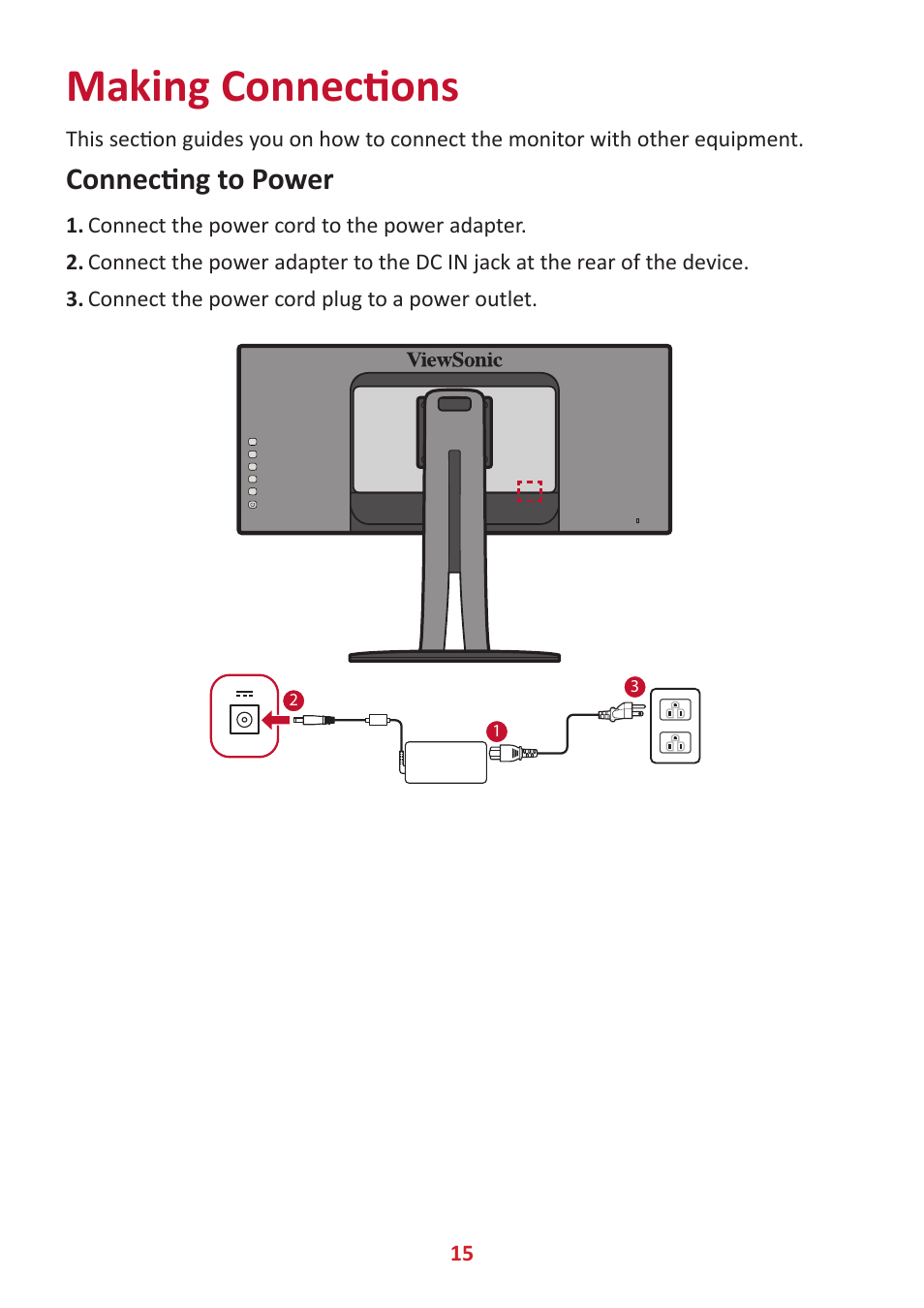 Making connections, Connecting to power | VIEWSONIC VP3881a 37.5" 21:9 4K Curved IPS Monitor User Manual | Page 15 / 91